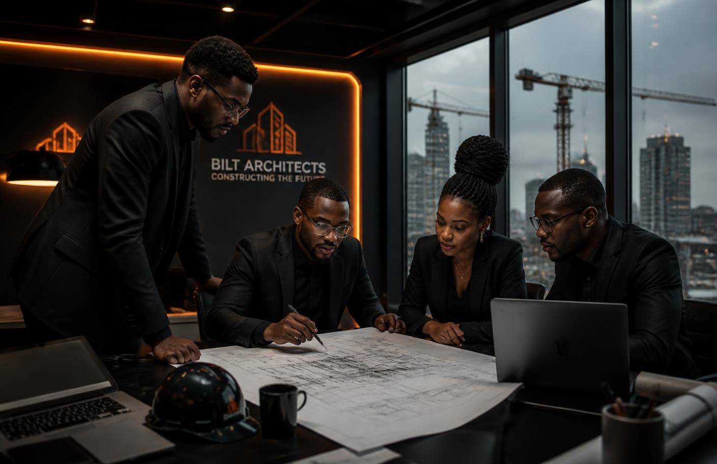 Equipa de arquitectos e engenheiros a analisar projectos num escritório moderno